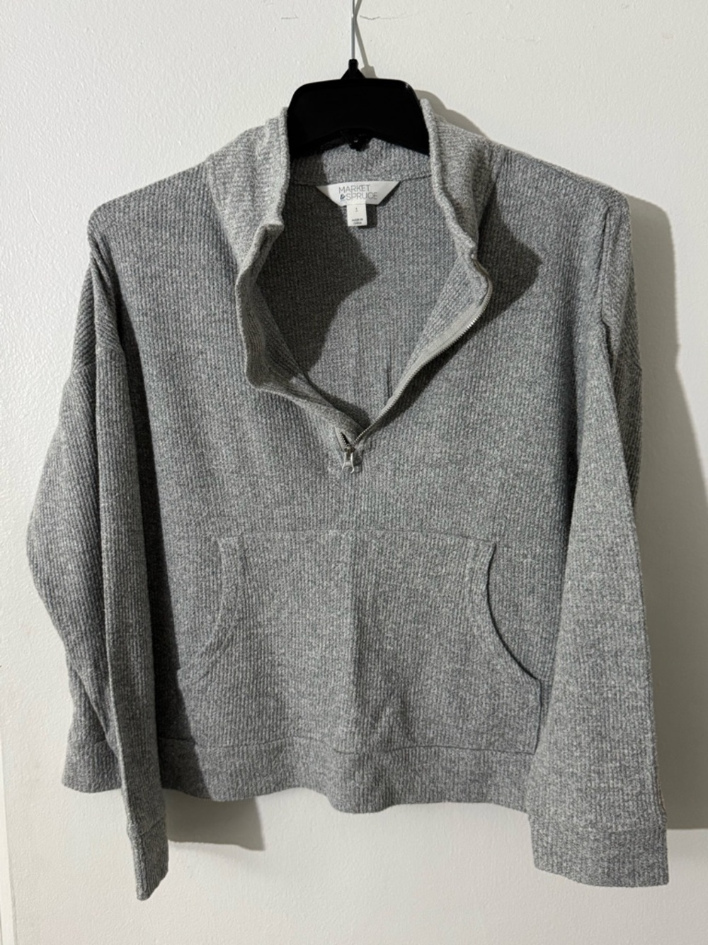 Market & Spruce women's Light Gray Ribbed Half-Zip crop Pullover